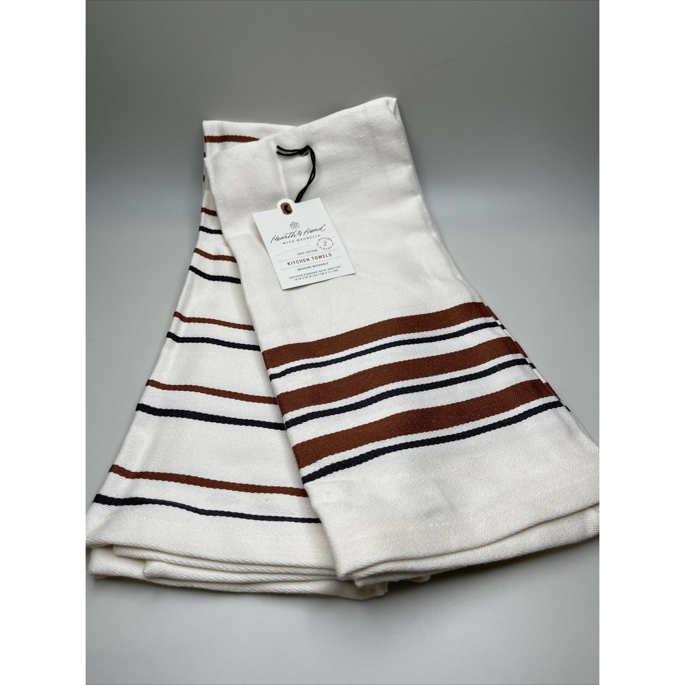 Magnolia Hearth Hand‎ Dishtowel Kitchen Towel Cream Bronze Stripe Set of 2